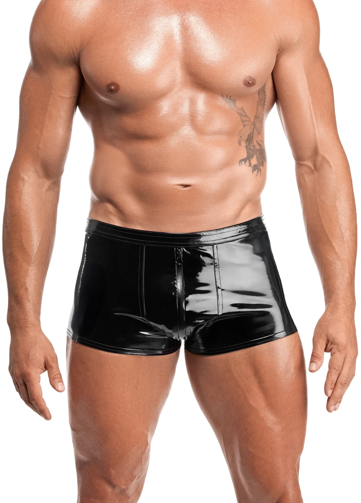 Schwarze Kinky Lack Shorts Voltage H095 ultrakurze Herren Shorts aus glänzendem PVC mit elastischem Bund und praktischem Drei-Wege-Reißverschluss für figurbetonten Look und starken Auftritt im Wetlook-Stil von Noir Handmade Men