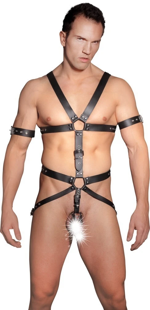 Robuster Einteiler von ZADO mit verstellbaren Leder-Riemen und 3 Metall-Ringen für Penis und Hoden.