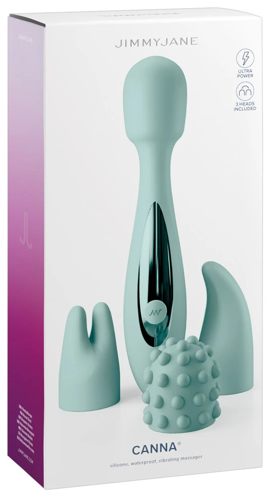 JJ Canna, Vielseitiger Massagestab Canna von JimmyJane – Stark vibrierender Kopf, 3 Aufsätze & 7 leise Vibrationsmodi für grenzenlosen Genuss