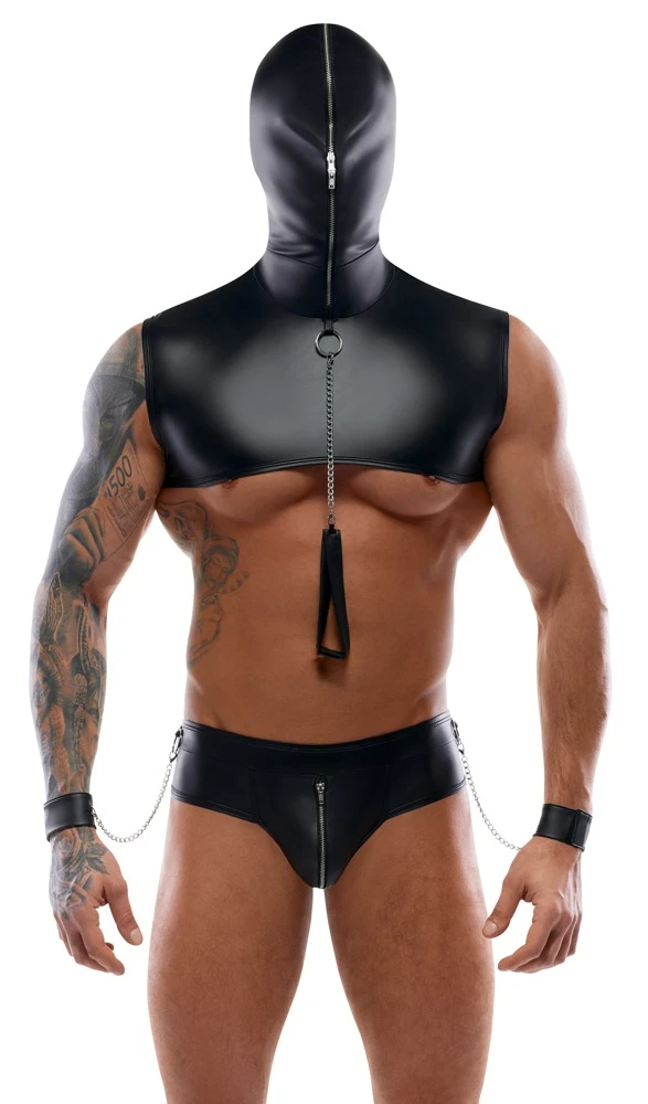 Kurzes Kapuzen-Top, Riostring, Leine und 2 Handfesseln im Set von Svenjoyment BONDAGE.