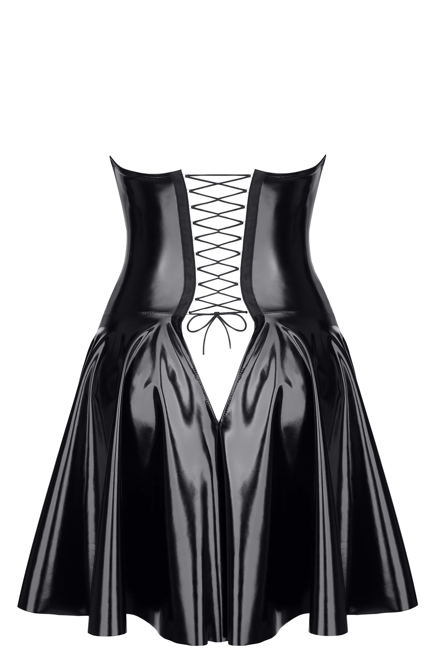 Elegantes kurzes Kinky Kleid aus glänzendem, dehnbarem Lack mit Rücken-Schnürung, verstellbarem Gummiband und verdecktem Reißverschluss TDJutta001 von Demoniq