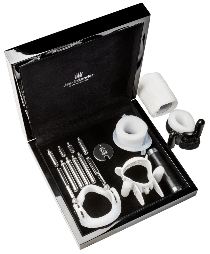 Jes-Extender Platinum, Penis Expander Set Platinum mit 950er-Platinbeschichtung – sanfte schmerzfreie Verlängerung bis 24 cm, diskret tragbar, hochwertige Lackbox, effektive dauerhafte Dehnung für mehr Länge und Umfang