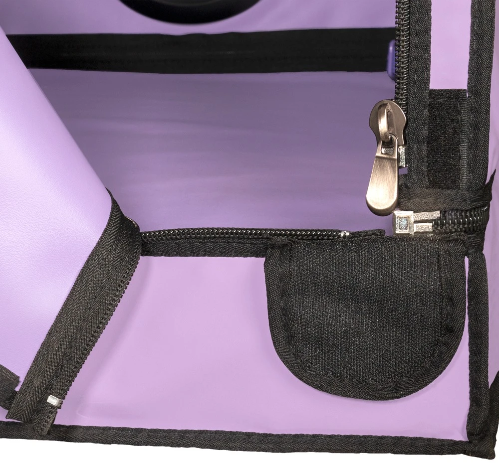 La Niche - Purple, Geschlossene BDSM-Kabine mit Fesseln, Öffnungen & Halsmanschette – La Niche für dunkle Spiele & geheime Fantasien