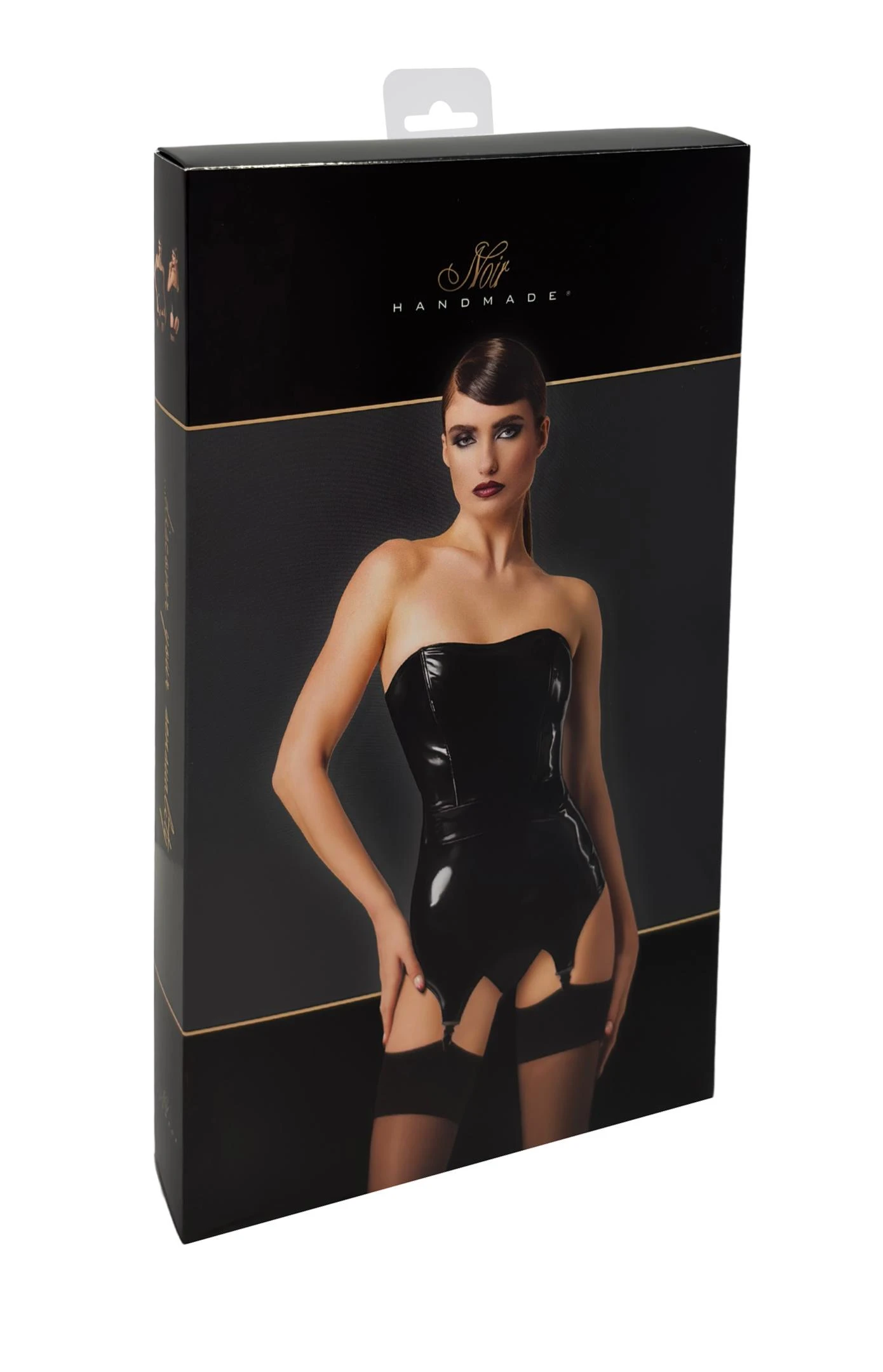 F381 Dominae Kinky Venom Corsagen-Kleid schwarz aus glänzendem Lack-Material mit figurbetonender Korsett-Silhouette, mit stabilem Rückenzipper und sexy Strumpfhalter-Clips für einen unwiderstehlich dominanten Look