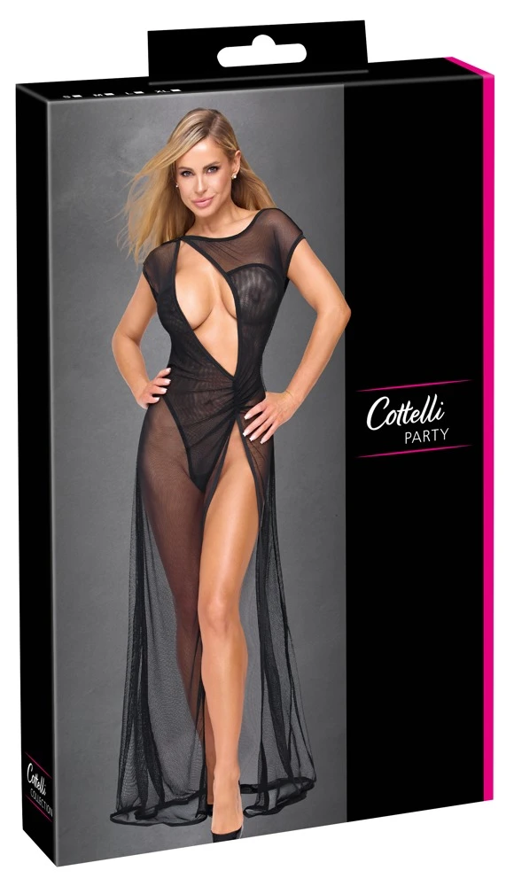 Netzkleid lang mit Stringbody, Moiré-Effekt, tiefem Rückenausschnitt & hohen Schlitzen – sexy & verführerisch – Cottelli PARTY