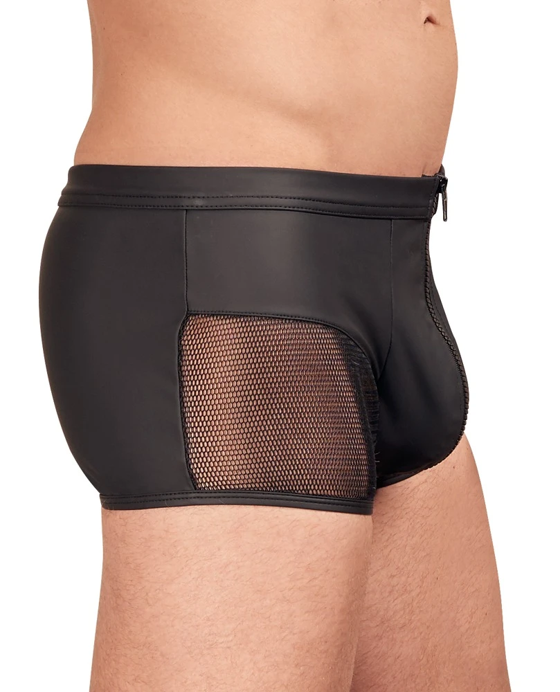 Schwarze Pants von NEK im betonenden Mattlook mit transparenten Netz-Einsätzen am vorderen Bein.