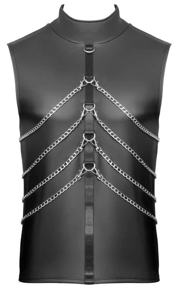 Mattlook Shirt von NEK – ärmellos, enganliegend und betont sexy mit Fesselringen vorne und hinten, abnehmbaren Karabinerketten und Stehkragen mit Druckknopfverschluss für einen heißen Bondage-Look