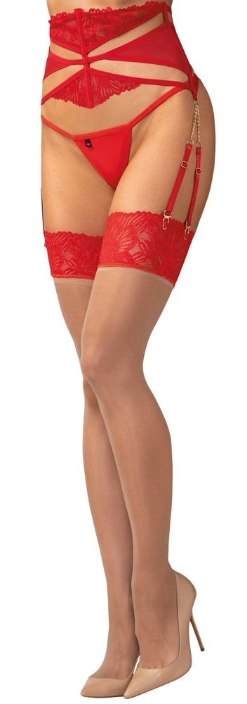 Nudefarbene Straps-Strümpfe Matildea mit rotem Spitzenabschluss für einen sinnlich raffinierten Look von Obsessive