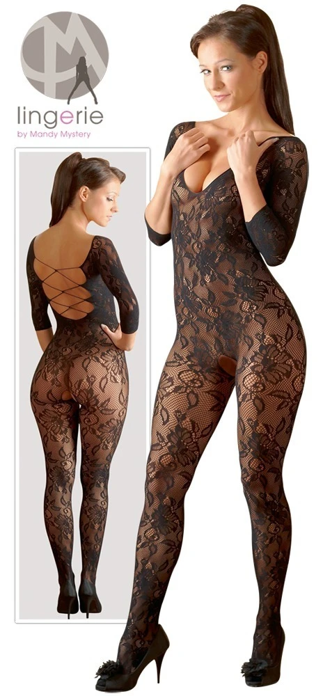 Wunderschöner Catsuit in schwarzer Blütenspitze-Optik mit 3/4-Arm, langem Bein und Fuß. Hinten mit eingewebter Schnürung.