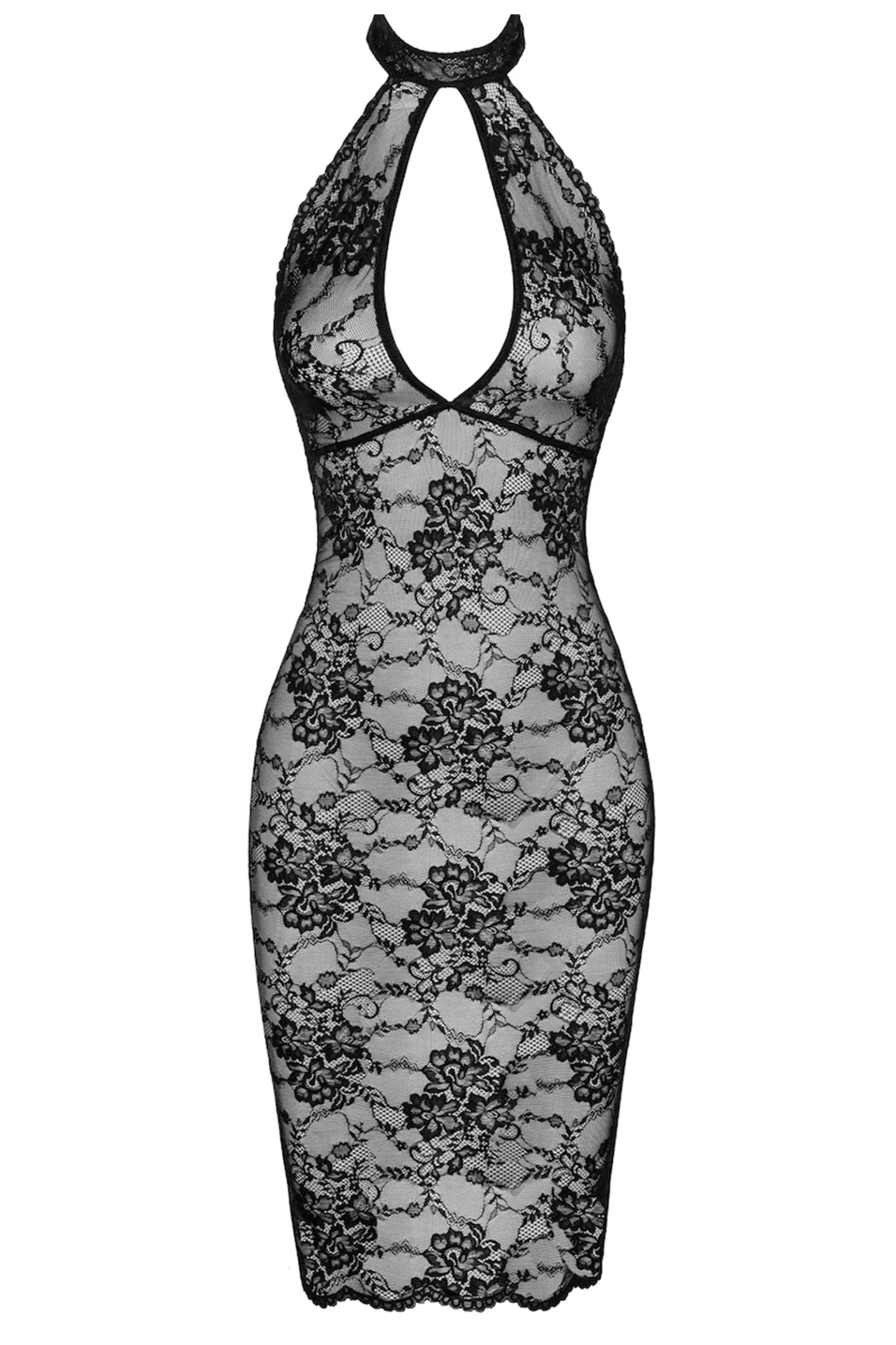 F338 halblanges Kleid aus Spitze, Rückenfreies Neckholder-Kleid aus weicher Spitze mit Hakenverschluss, Erotisches Dress