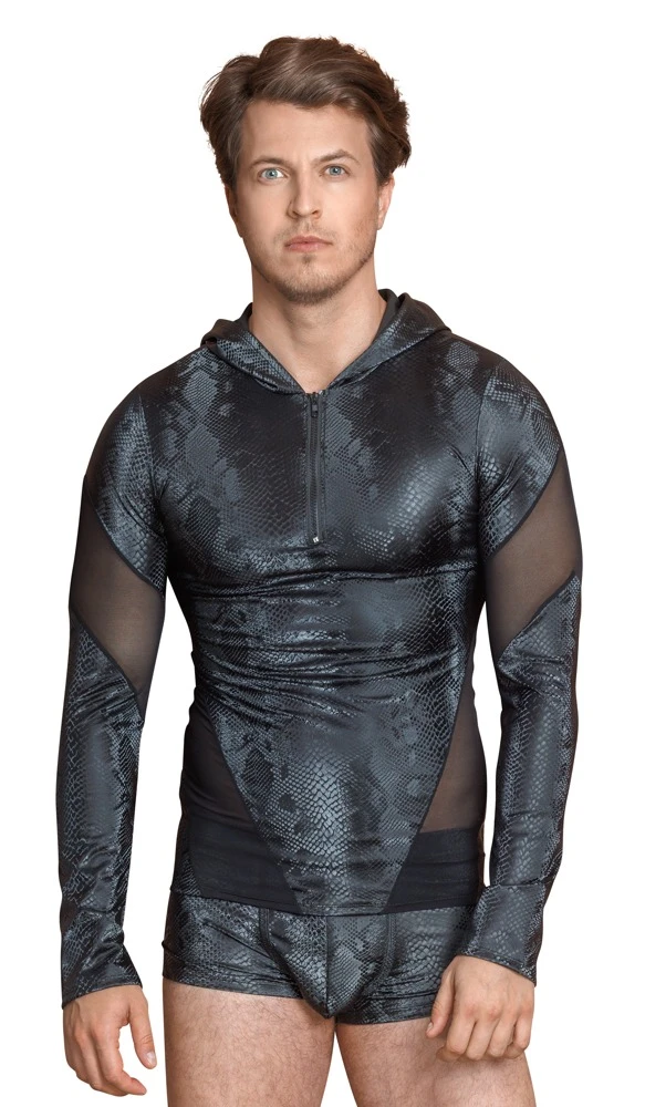 Trendiges Langarm-Shirt von NEK in mattglänzend schillernder Schlangenhaut-Optik mit schwarzen Powernt-Einsätzen.