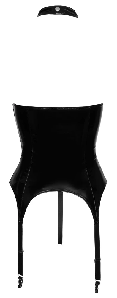 Set von Black Level bestehend aus Strapshemd und String im schwarzen Lackglanz. Strapshemd vorne mit großem Cut-out unter einer variablen Schnürung.