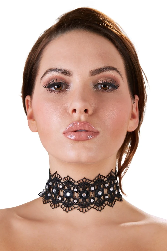 Cottelli Elegantes Schwarzes Halsband: Verziert mit Perlen, Strasssteinen und Satinschleife