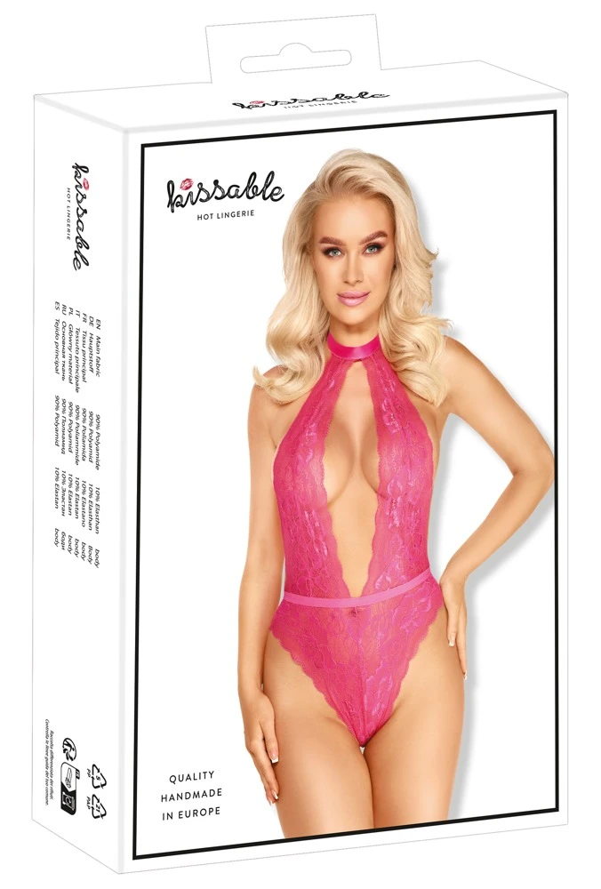 Frech verspielter Body von kissable komplett aus feiner pinkfarbener Spitze.