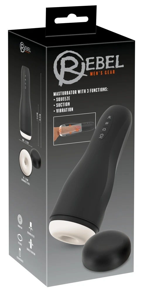 Rebel Masturbator Squeeze, Suc, Masturbator mit Squeeze-Massage, intensiver Saugfunktion und 10 kraftvollen Vibrationsmodi für dreifachen Genuss von Rebel