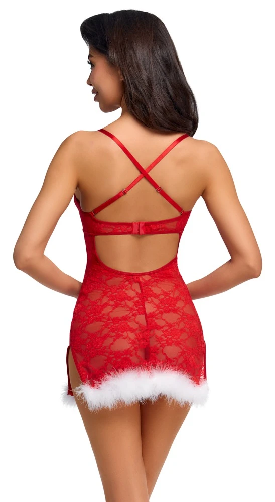 Negligé X-Mas aus roter Spitze mit weißem Federbesatz von Cottelli LINGERIE hautnah anschmiegsam mit gekreuzten verstellbaren Trägern