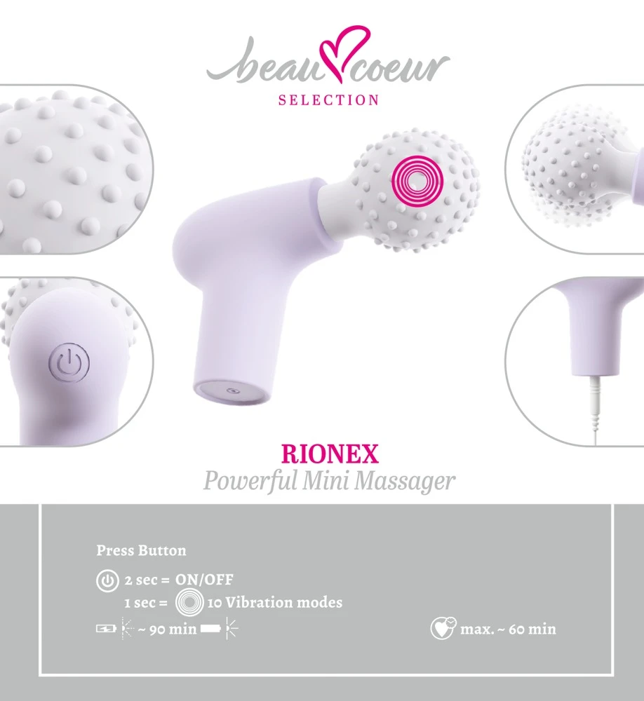 beau coeur Mini Massage Gun, RIONEX Mini Massager von beau cœur kompakter Minivibrator im Massagepistolen-Design mit 10 kraftvollen Vibrationsmodi und weichem Noppenkopf für gezielte Stimulation