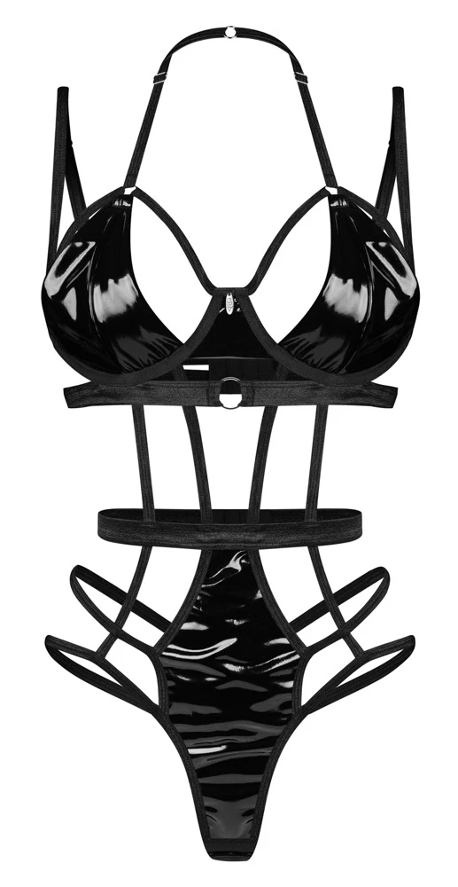 Body Keira Lise – schwarzer Stringbody in aufregender Riemen-Optik mit glänzenden Lack-Einsätzen, silberfarbenen Ringen und verstellbaren Trägern von Obsessive