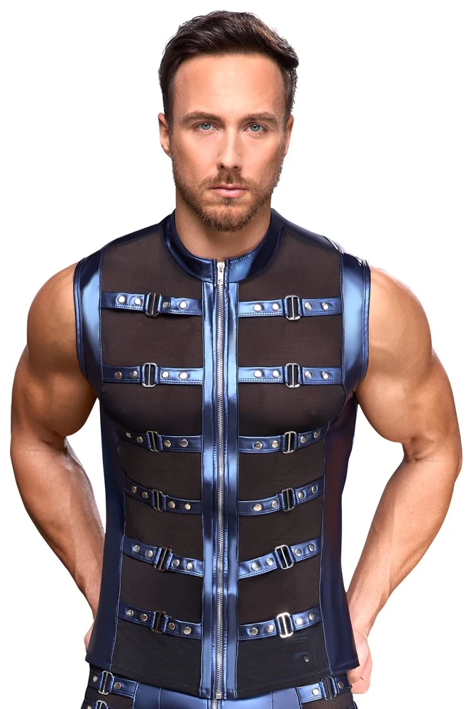Ärmelloses Shirt von NEK mit Metallic-Mattlook in Blau, Powernet-Einsätzen, Stehkragen und Reißverschluss für markanten Style Ärmelloses Shirt von NEK mit Metallic-Mattlook in Blau, Powernet-Einsätzen, Stehkragen und Reißverschluss für markanten Style