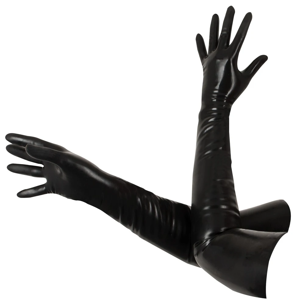 Ellbogenlange Handschuhe aus glänzendem Latex in schwarz.