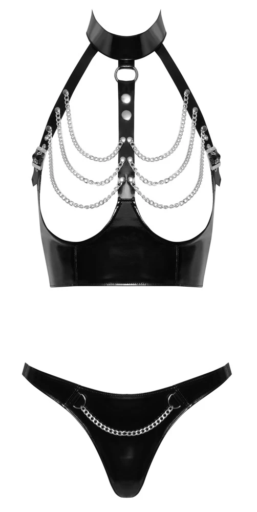 Lack Top Set Ketten von Black Level, Elegantes 2-teiliges Lack-Set in Schwarz mit Ouvert-Top und Riostring, verführerischen Ketten-Details und perfekter Passform