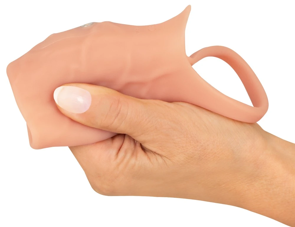 Realistixxx Real Sleeve open, Vibro-Penismanschette mit Hodenring für mehr Umfang und intensivere Vibrationen 10 Modi für verstärkte Lust