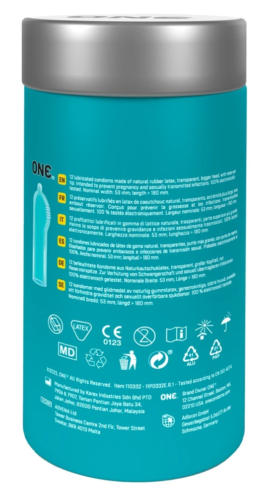 ONE Pleasure Plus 12er, ONE Kondom-Set Mixed Pleasures – 6 aufregende Sorten für heiße Nächte, befeuchtet, aus ultraweichem Sensatex-Latex, vegan und gentechnikfrei