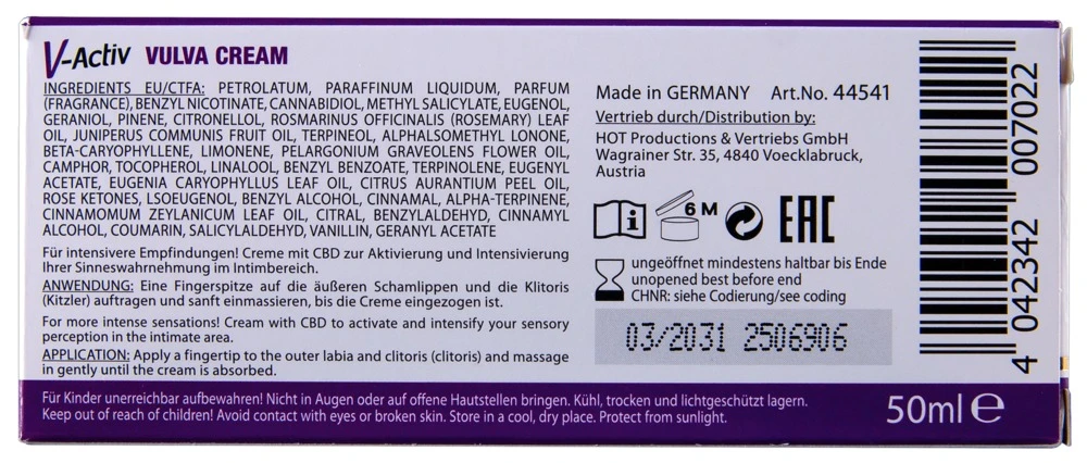 V-Activ Vulva Cream CBD 50 ml, Spüre, wie sinnliche Intensität und sanfte Pflege aufeinandertreffen - mit der CBD-angereicherten V-Activ Vulva Cream von HOT