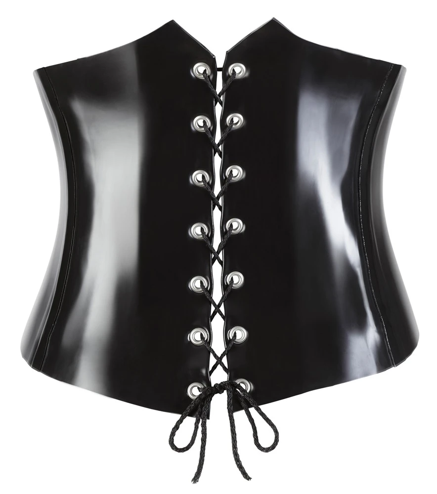 Latex Mieder in Schwarz die Taille wird duch die Formingstäbchen wunderschön betont. Mit Schnellverschluss in der Front und Schnürung hinten.