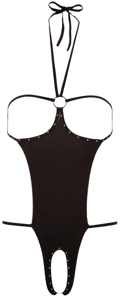 Sexy Einteiler mit Neckholder zum Binden und Strassverzierung an den offenen Cups und dem offenem Schritt.