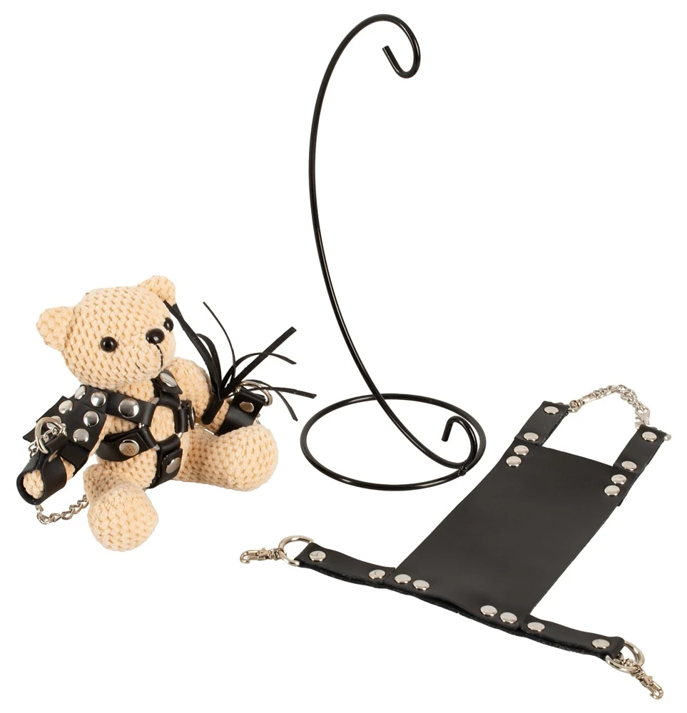 Bad Kitty SM-Teddy mit Mini-Sexschaukel gehäkelter Plüschbär mit Lederimitat-Harness, Fesseln, Peitsche und Schlüsselanhänger, superweich und 11 cm groß