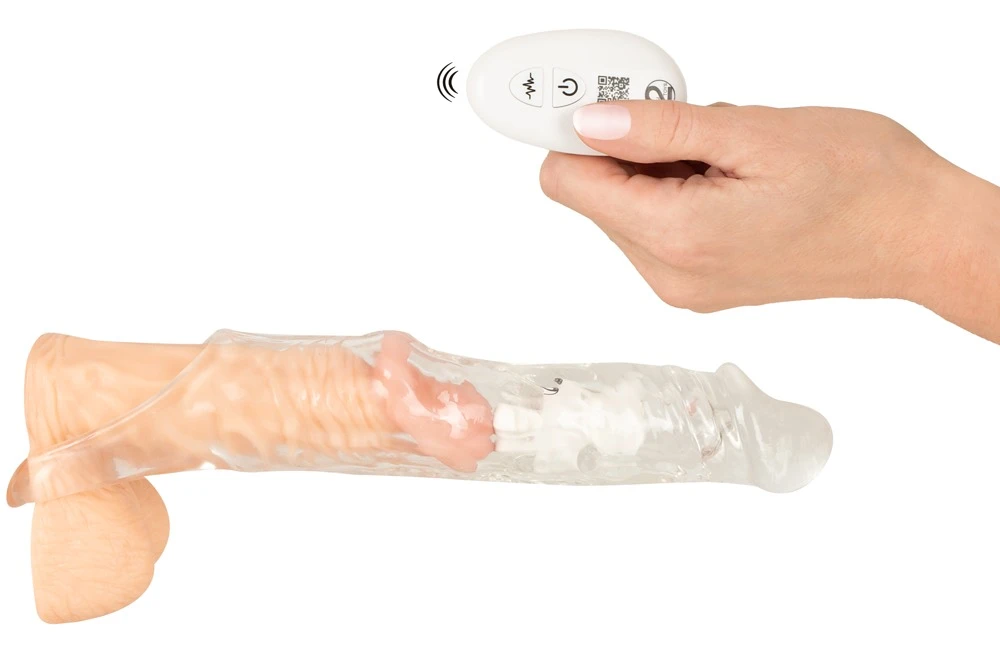 Crystal Clear RC Vibrating Ext, Crystal Clear RC Vibrating Extension Sleeve – Aufreizende transparente Penisverlängerung mit 10 Vibrationsmodi, Fernbedienung und 10 cm XXL-Extra-Länge