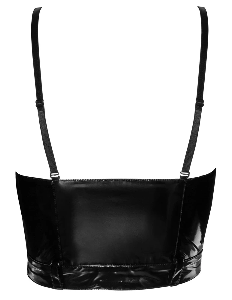 Bauchfreies Top von Black Level im schwarzen Lackglanz mit kleinem Reißverschluss vorne. Raffiniertes Unterbrustband in Gürtel-Optik.
