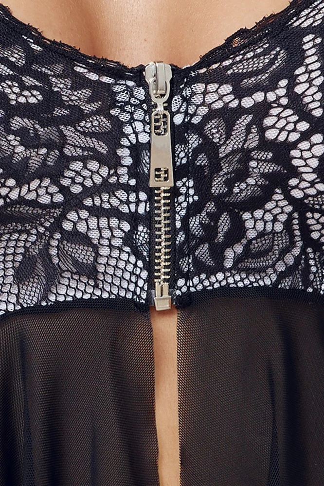 Cottelli LINGERIE Babydoll und String Dekollete mit Reißverschluss mit feiner Spitze