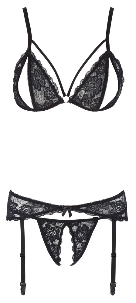 Cottelli LINGERIE 3 Teiliges Spitzen Straps Set Dessous Set offner BH String