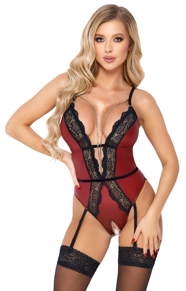 Body ouvert von Abierta Fina im edlen roten anschmiegsamen Mattlook mit silhouetteführenden schwarzen Spitzeneinsätzen vorne und hinten.