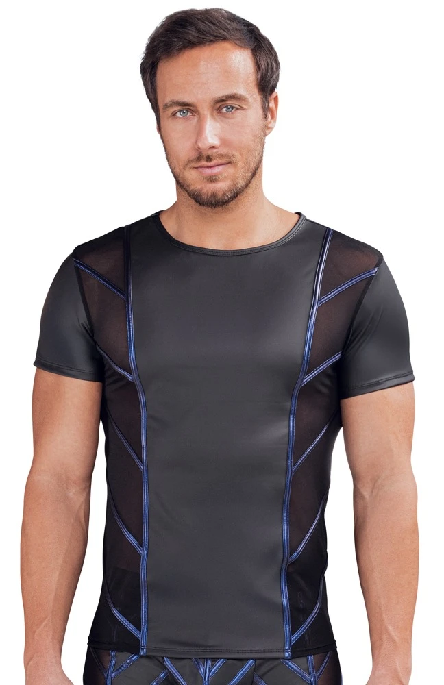 Betonendes Kurzarm-Shirt von NEK im schwarzen Mattlook mit seitlichen Netz-Einsätzen und glänzenden Blue-Metallic-Streifen – sexy Clubwear für selbstbewusste Nächte!