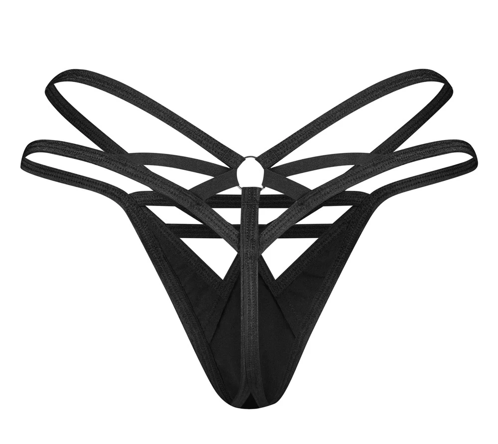 String Keira Lise – Schwarzer Lack-String in glänzender Riemen-Optik mit dekorativem Ring hinten, soft, dehnbar und extrem sexy von Obsessive