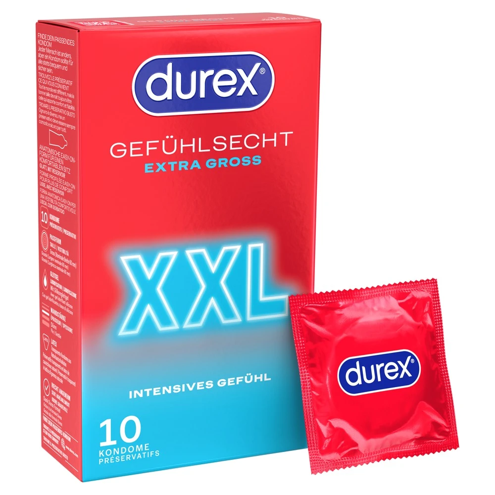 Durex Gefühlsecht Extra Groß 10er, Spüre jede Berührung hautnah, extragroße, transparente Kondome mit Silikongleitgel für puren Komfort und intensives Empfinden