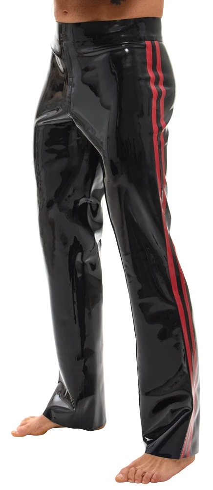 Latex-Hose Bootcut Schwarz-Rot im Kinky Racing-Look mit Seitenstreifen aus Premium-Latex für einen kraftvollen glänzenden Auftritt – LateX