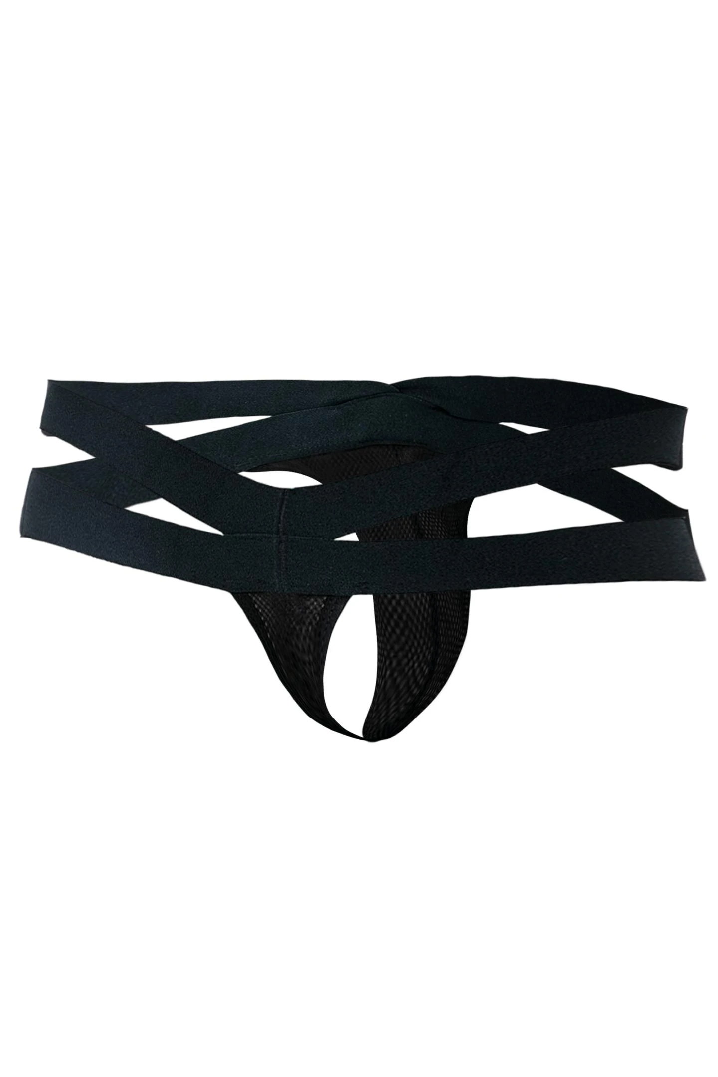 Schwarzer Cross String mit Netz RAV105 aus breiten elastischen Bändern, geformtem Suspensorium und markantem CUT4MEN Frontlogo für starken Look