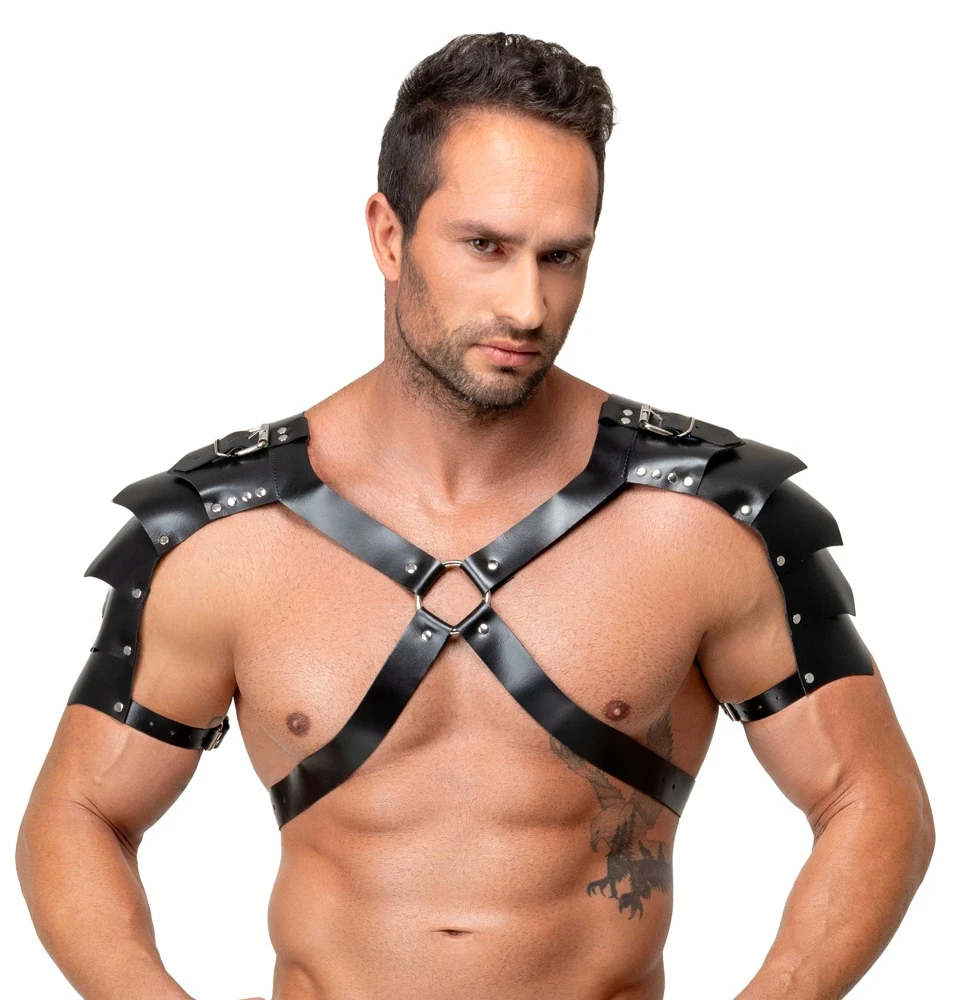 Leder Herren Harness, ZADO Leder Harness-Set mit Handfesseln & Haltegriff, Brust- und Schenkel-Harness, verstellbar, schwarz