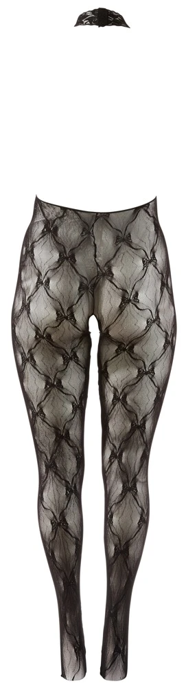 Fantasy by Cottelli Damen Catsuit Ouvert Netz Bodystocking mit Fuß Cut-outs busenfrei Neckholder Rautenspitze offene Schritt Reizwäsche Schwarz