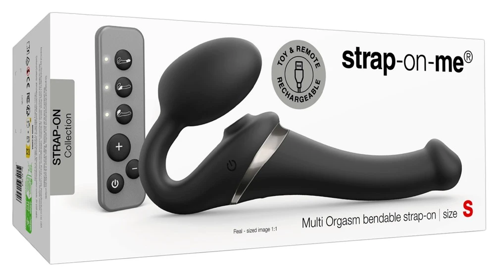 Multi Orgasm Bendable S Black, Strap-on-me Multi Orgasm Bendable Strap-on-Vibrator mit Fernbedienung, 3 leisen Motoren, Klitoris-Licking-Funktion und separat steuerbarer Schaft- und Plug-Vibration