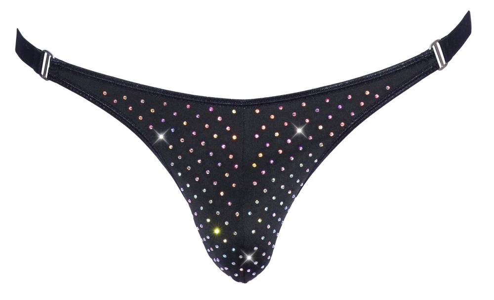 Extravaganter schwarzer String von Svenjoyment mit bunt schillernder Front aus unzähligen Glitzer-Steinen.