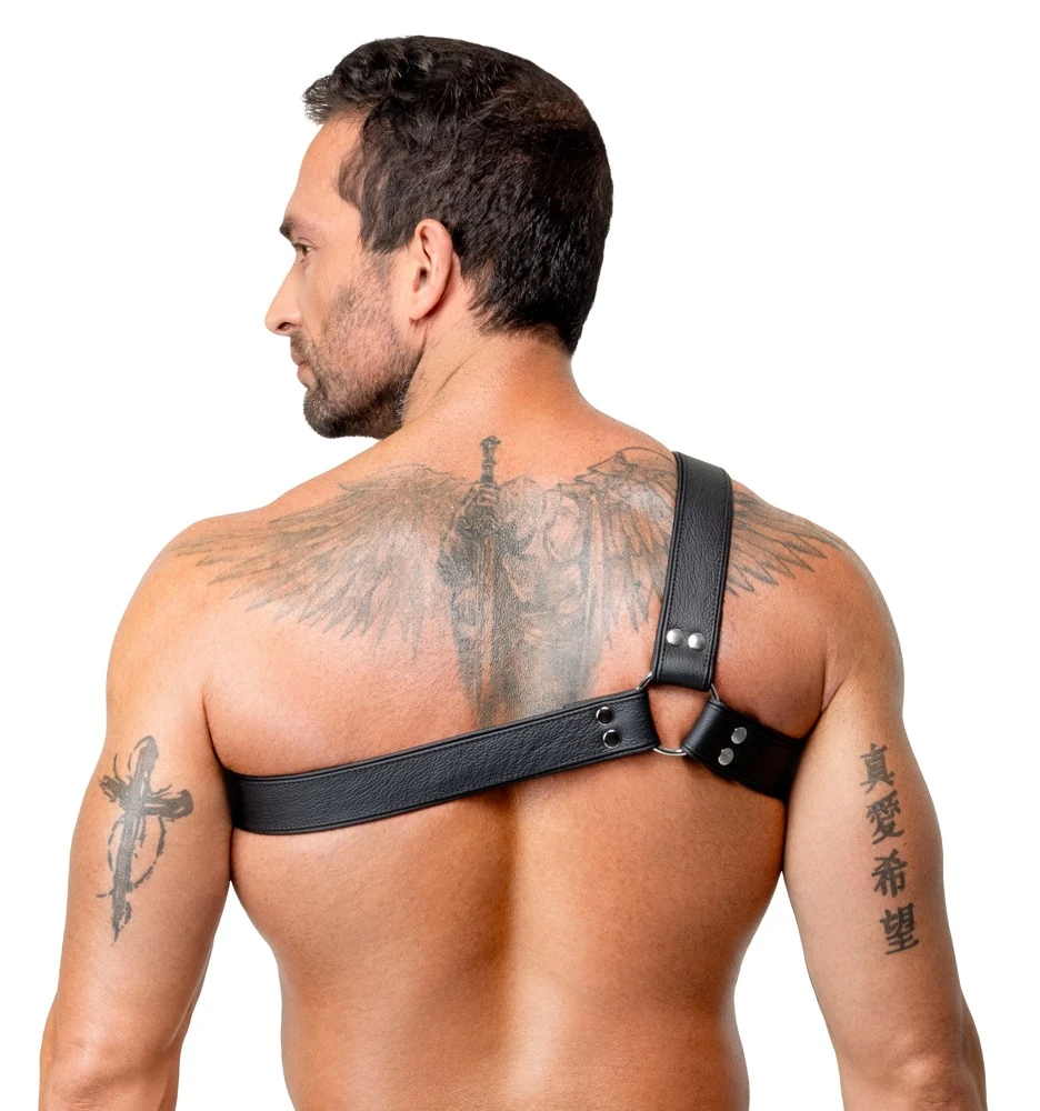 Leder Herren Harness ZADO Leder Brustharness einseitig schwarz mit Ringen Druckknöpfen markantem Look weich doppellagig verstellbar für starken Style