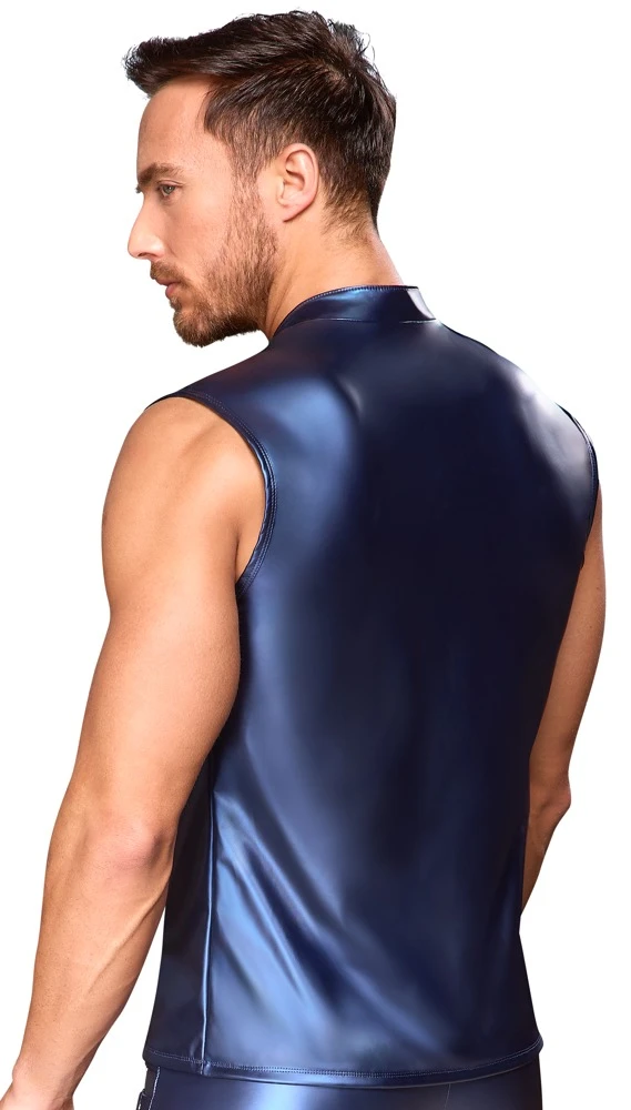 Ärmelloses Shirt von NEK mit Metallic-Mattlook in Blau, Powernet-Einsätzen, Stehkragen und Reißverschluss für markanten Style Ärmelloses Shirt von NEK mit Metallic-Mattlook in Blau, Powernet-Einsätzen, Stehkragen und Reißverschluss für markanten Style