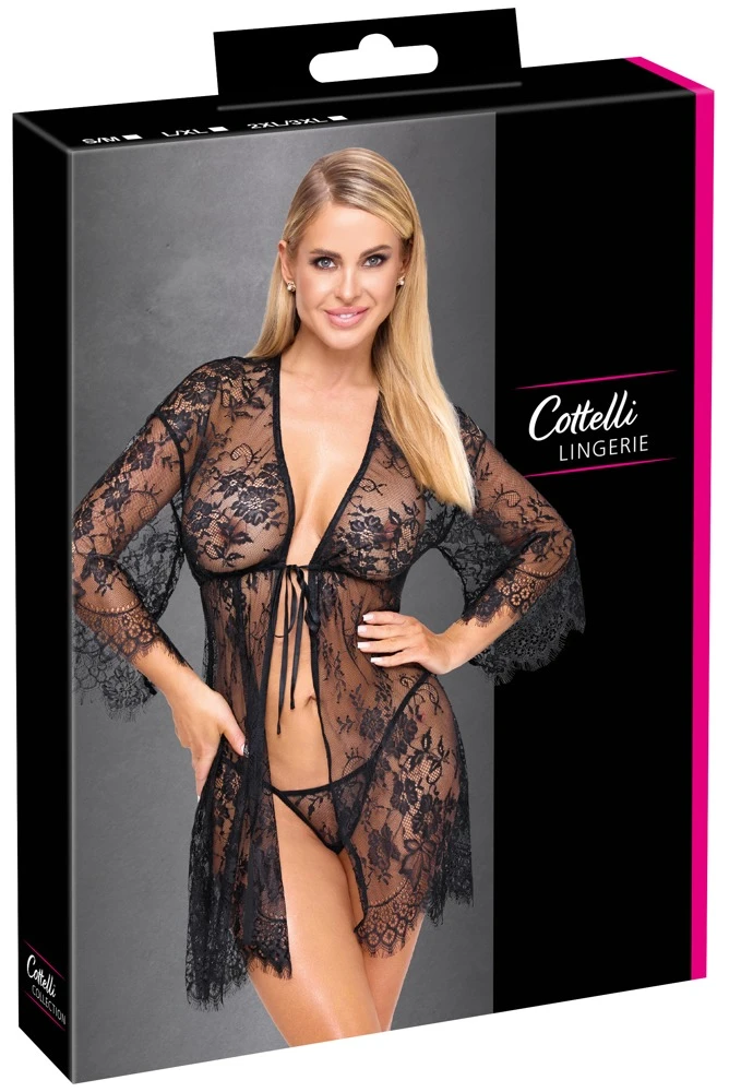 Kurzer Kimono mit String aus feiner Spitze, sexy Eyelash Lace & Satin-Bindeband, weich und elastisch – Cottelli LINGERIE