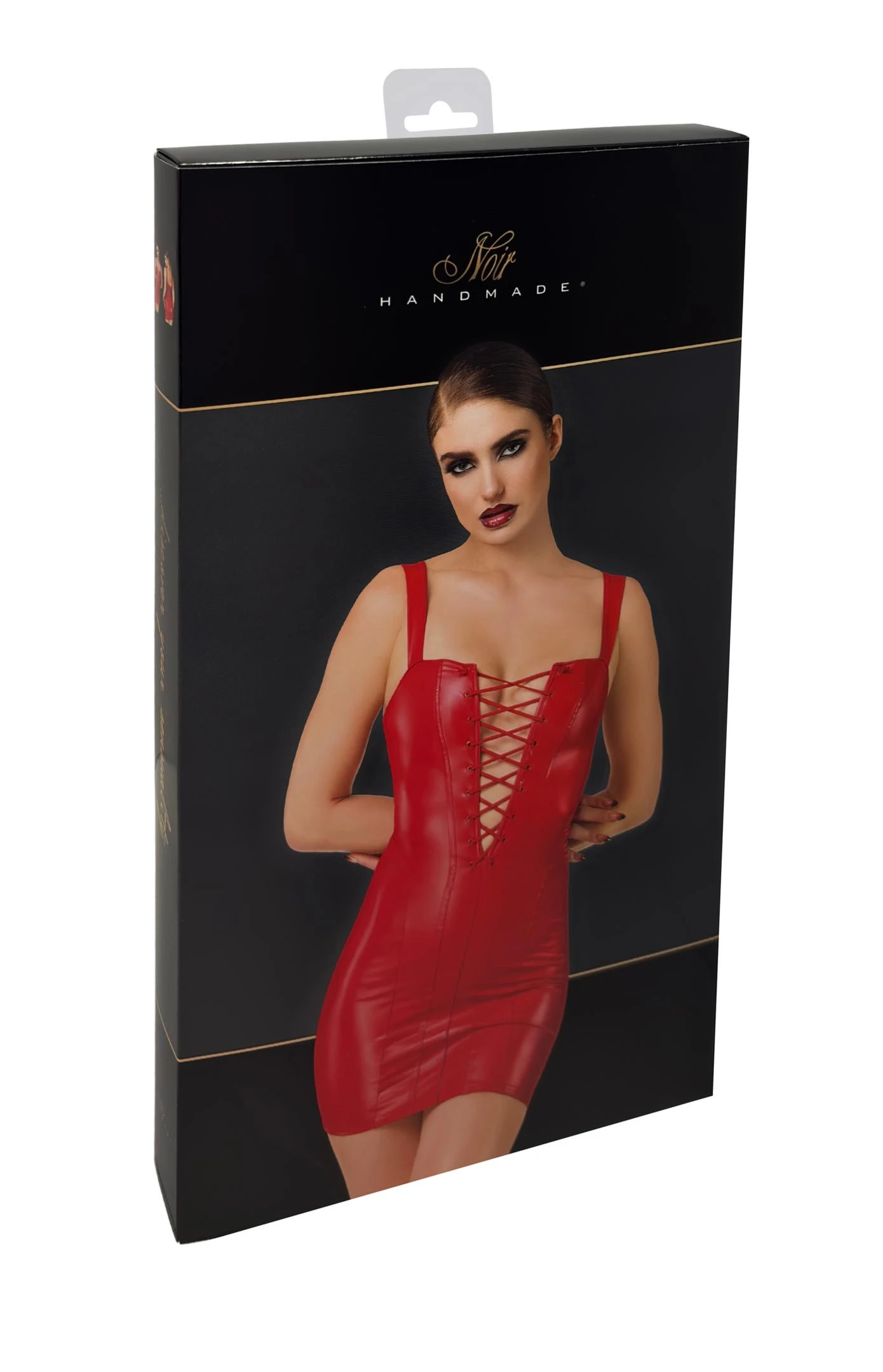 Wetlook Kinky Minikleid mit Schnürung aus glattem, dehnbarem Material – tiefer Ausschnitt, breiten Trägern und Reißverschluss hinten von Noir Handmade F364