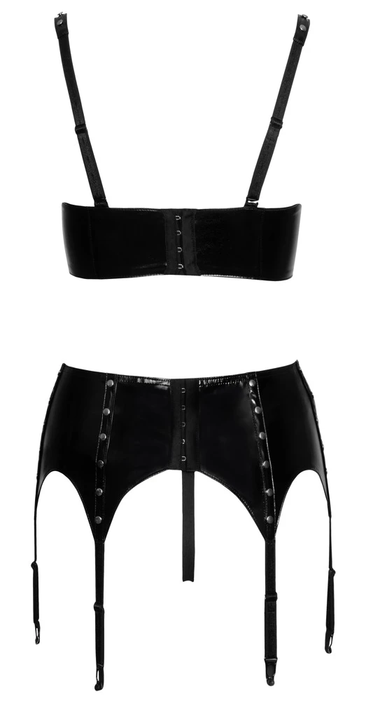 3-teiliges Set von Black Level bestehend aus leicht gefütterter Bügel-Hebe, Strapsgurt und String. Alles komplett im schwarzen Lackglanz.